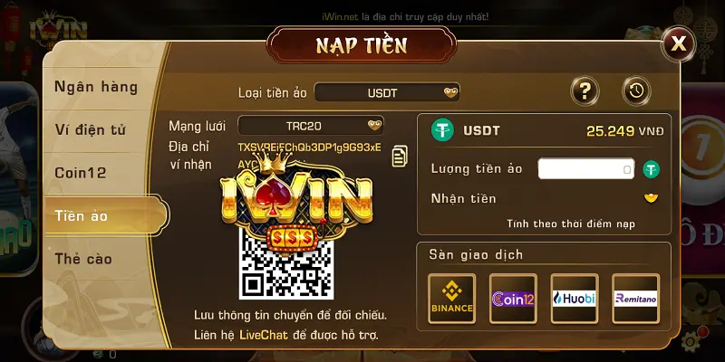 Quy trình Nạp tiền ảo TRC20 vào iWin