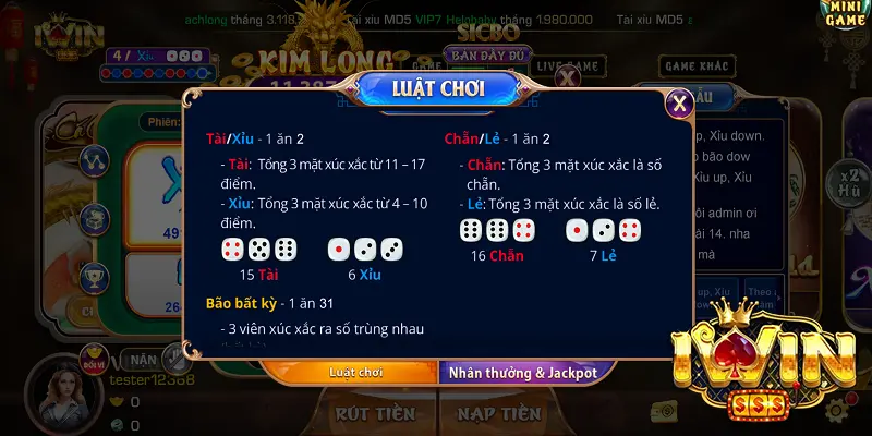 Cách chơi Tài Xỉu Kim Long iWin